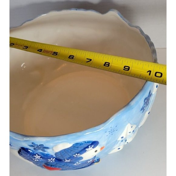 Christmas Snowman in Sweater Blue Snowflake Large Serving Bowl Homespun Holiday - Picture 9 of 10